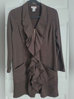Wearables by XCVI Brown Ruffle Two-Way Zip Cardigan Jacket Medium